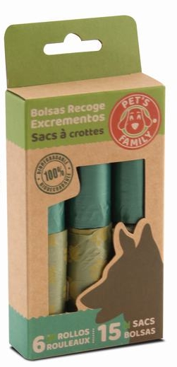 Sacos dejetos animal  Pets Family reciclados - 6 rolos x 15 sacos